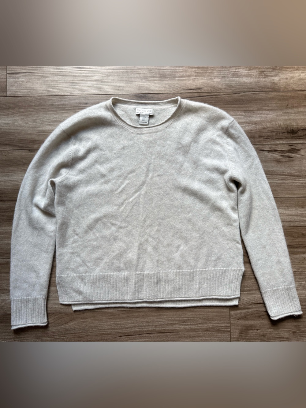 RACHEL ZOE 100% 2-ply cashmere Size Large crewneck sweater grey ribbed trim